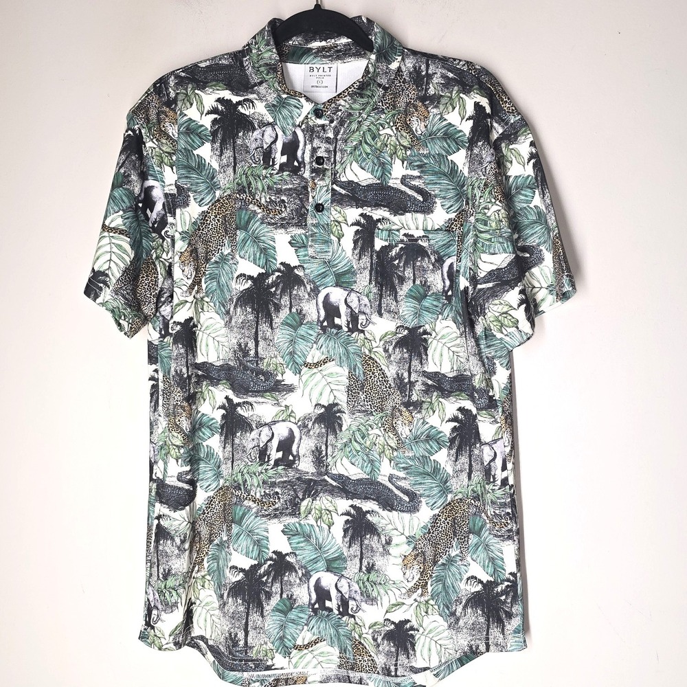 BYLT Jungle Safari Animal Print Polo Shirt Stretch Golf Mens Size L